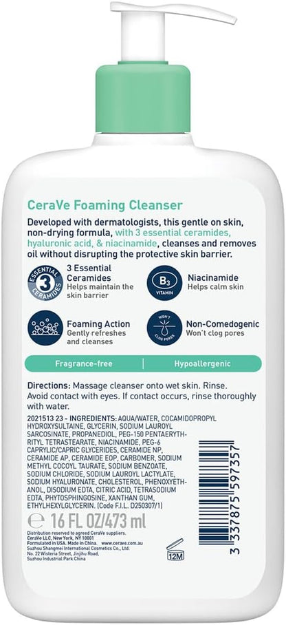 Foaming Cleanser Gel Face Wash for Normal to Oily Skin, Removes Oil without Disrupting the Protective Skin Barrier, Hyaluronic Acid + Niacinamide + Ceramides, Fragrance Free, Oil Control, 473Ml