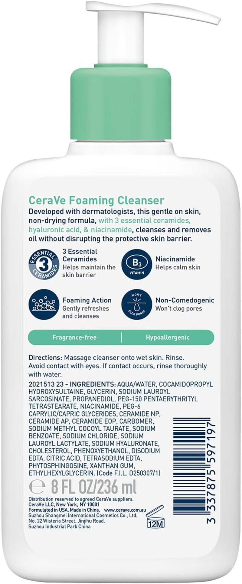 Foaming Cleanser Gel Face Wash for Normal to Oily Skin, Removes Oil without Disrupting the Protective Skin Barrier, for Face + Body, Niacinamide + Ceramides, Fragrance Free, Oil Control, 236Ml