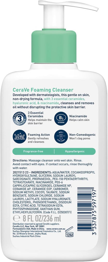Foaming Cleanser Gel Face Wash for Normal to Oily Skin, Removes Oil without Disrupting the Protective Skin Barrier, for Face + Body, Niacinamide + Ceramides, Fragrance Free, Oil Control, 236Ml